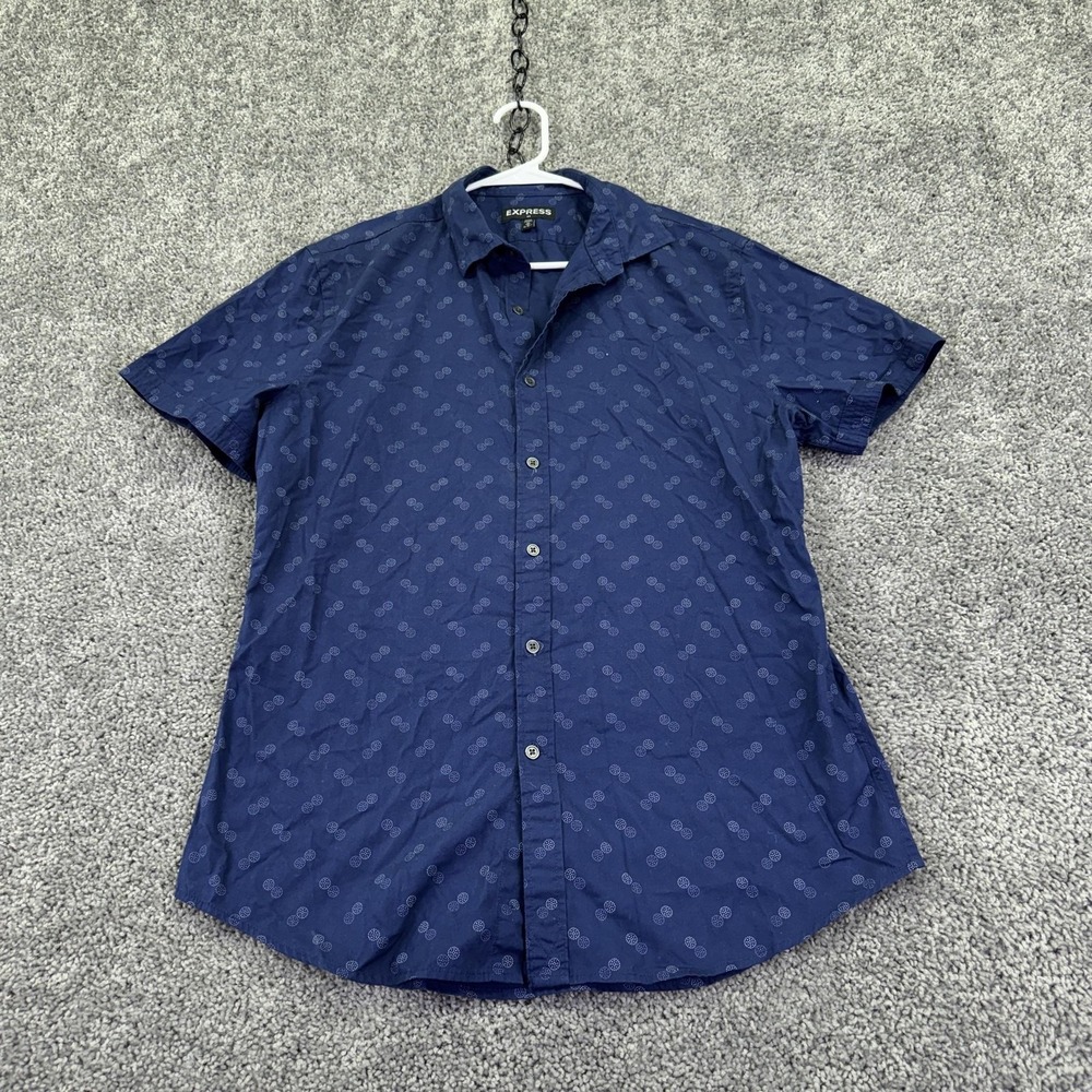 Express Shirt Mens Medium Blue Geometric Short Sleeve Button Up Cotton Casual
